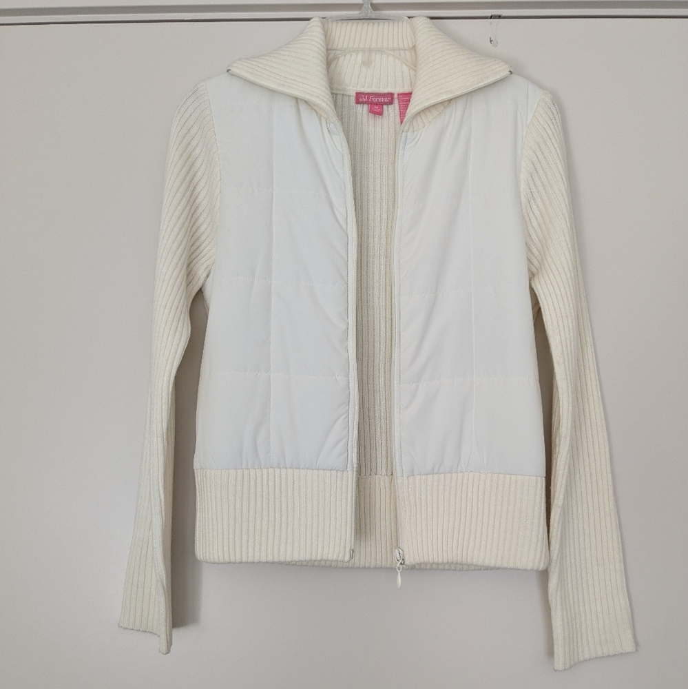 EUC Cream White Quilted Sweater Zipper Jacket, WM